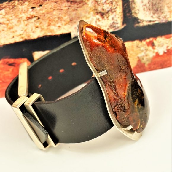 SUPER HUGE AMBER STERLING LEATHER RARE UNISEX BRACELET 9 BY AMBERMODA - Picture 16 of 16